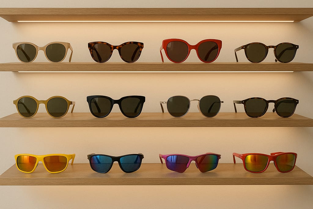 Etagère d'opticien design présentant une sélection de lunettes de soleil, avec des modèles classiques et des modèles de sport.