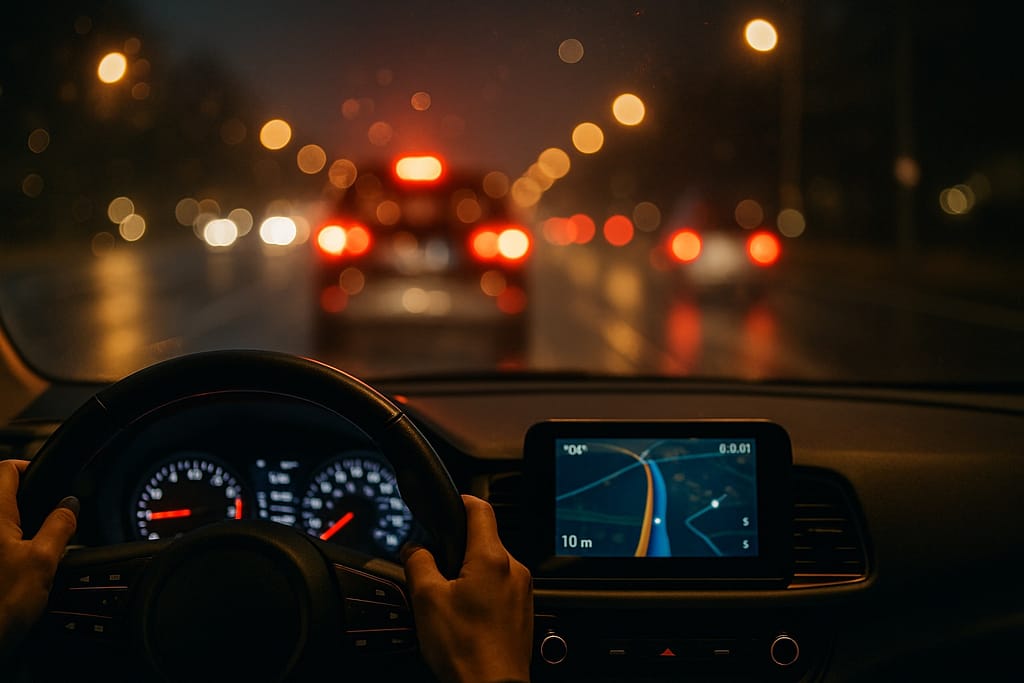 Vue depuis l'habitacle d'une voiture . Conduite de nuit sous la pluie, avec des halos lumineux autour des phares et des lampadaires, illustrant la gêne visuelle nocturne due aux défauts visuels ou à la cataracte.