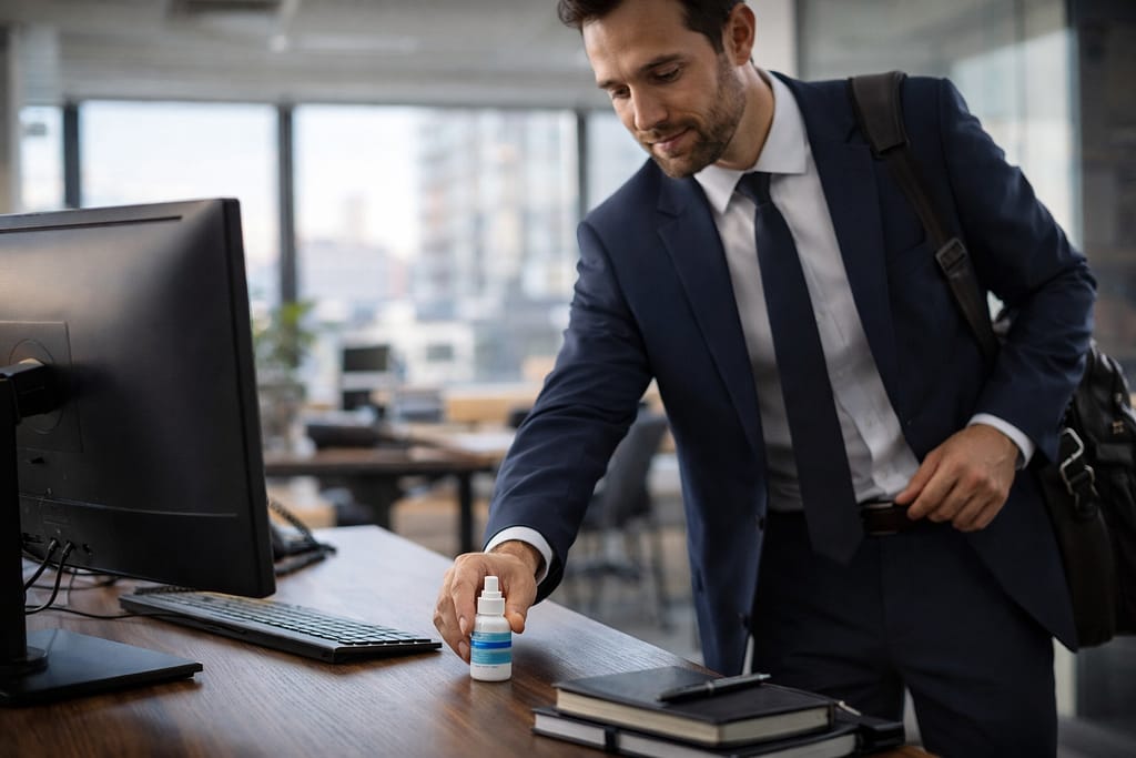 Homme de 35 an reprenant le travail après une chirurgie laser des yeux, déposant un flacon de collyre sur son bureau à Lyon.