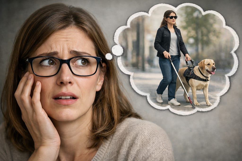 Feme d'une trentaine d'années portant des lunettes, l'air inquiet, imaginant devenir aveugle après une chirurgie laser des yeux.