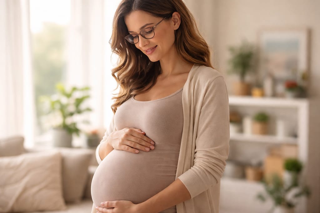 Femme enceinte au troisième trimestre portant des lunettes, illustrant la question de la chirurgie laser des yeux et de la grossesse.