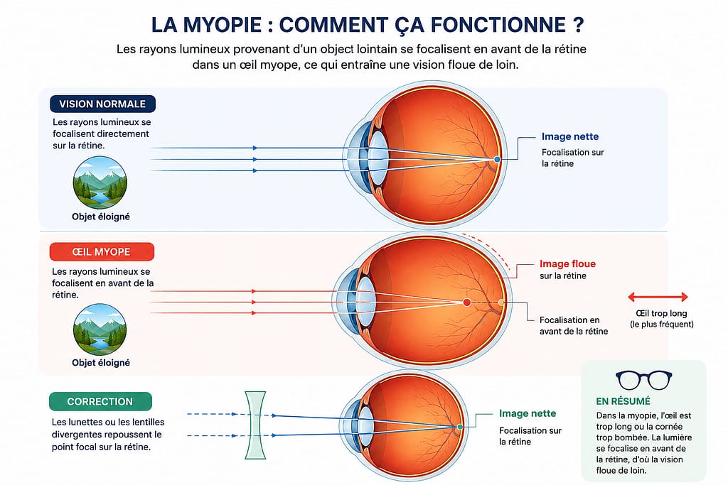 Schéma de la myopie montrant les rayons lumineux focalisés en avant de la rétine dans un oeil myope