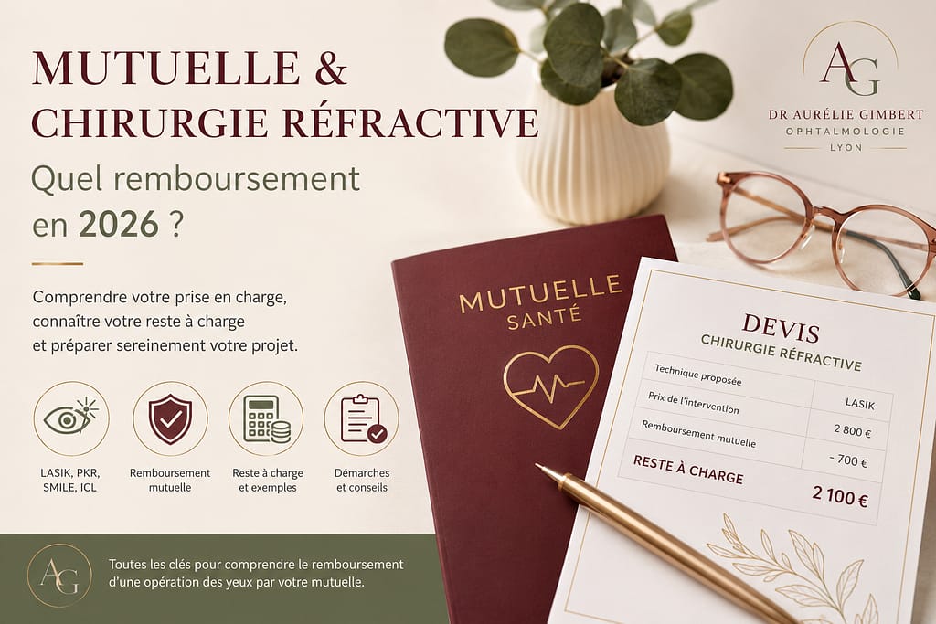 Mutuelle et chirurgie réfractive : illustration d'un devis de chirurgie réfractive et d'un contrat de mutuelle santé expliquant le remboursement d'une opération des yeux (LASIK, PKR, SMILE).