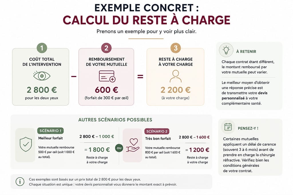 Exemples simples du calcul du reste à charge pour le patient après remboursement de sa mutuelle d'une chirurgie réfractive