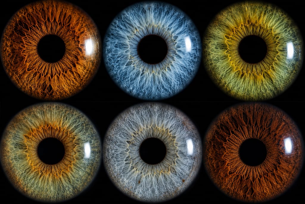 Couleur des yeux : bleu, vert, gris, noisette et marron