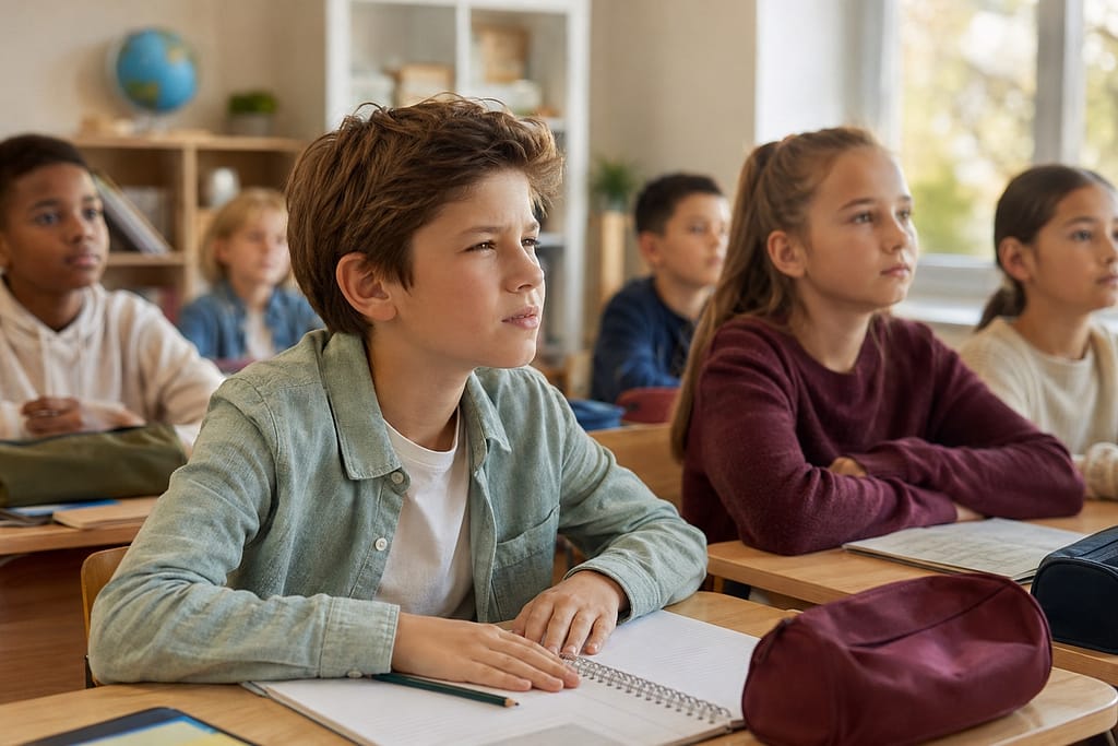 Enfant plissant les yeux pour voir le tableau en classe, signe possible de myopie