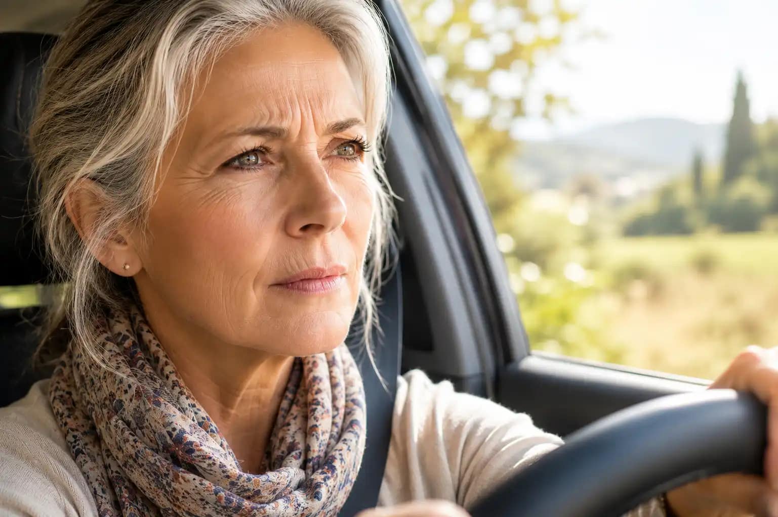 Femme gênée par l’éblouissement au volant, symptôme possible de la cataracte