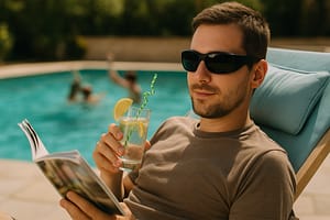 Jeune homme en convalescence après une chirurgie des yeux l'été avec ses lunettes de protection.