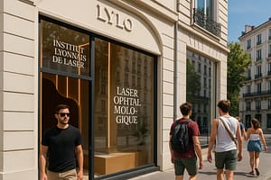 Jeune patient en lunettes noires sortant de l'Institut Lylo à Lyon après une chirurgie laser des yeux en été.
