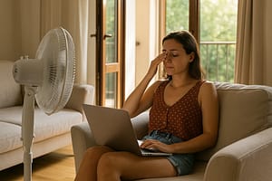 Jeune femme devant son ordinateur, gênée par ses yeux secs, assise sur un canapé avec ventilateur et fenêtres ouvertes par forte chaleur.