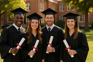 Etudiants en toge et mortier lors d'une remise des diplômes, symbolisant l'accessibilité de la chirurgie réfractive aux jeunes adultes.