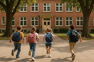 Enfants de CP courant vers l'entrée de leur école élémentaire.
