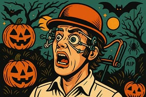 Illustration Halloween inspirée d'Orange Mécanique, représentant un patient avec des écarteurs oculaires dans un décor de citrouilles, évoquant la peur et la chirurgie des yeux de façon humoristique.