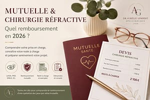 Mutuelle et chirurgie réfractive : illustration d'un devis de chirurgie réfractive et d'un contrat de mutuelle santé expliquant le remboursement d'une opération des yeux (LASIK, PKR, SMILE).