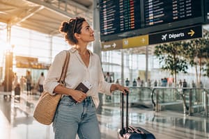 Jeune femme sans lunettes dans un aéroport avant un départ en vacances après une chirurgie laser des yeux.