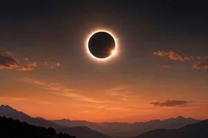 Eclipse solaire totale avec la Lune masquant le soleil et sa couronne lumineuse visible dans le ciel.