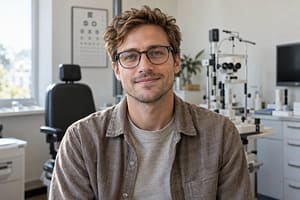 Texte alternatif : Jeune homme portant des lunettes, assis dans un cabinet d’ophtalmologie, avec un regard confiant.
