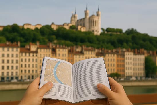 Vision floue de la basilique de Fourvière depuis les quais, à travers un livre net au premier plan