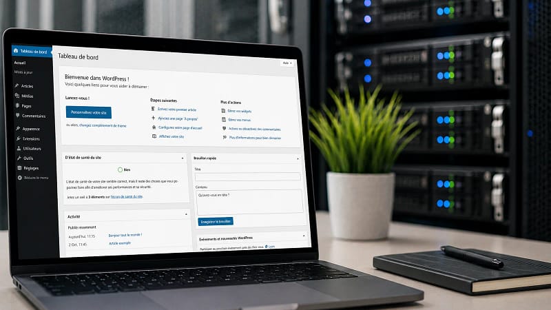 Hébergement WordPress sur un tableau de bord WordPress avec infrastructure serveur en arrière-plan