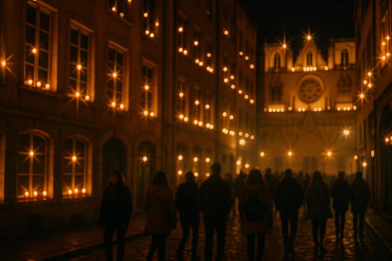 Illustration de la vision nocturne déformée liée à l’astigmatisme, avec des lumières étirées dans une rue sombre