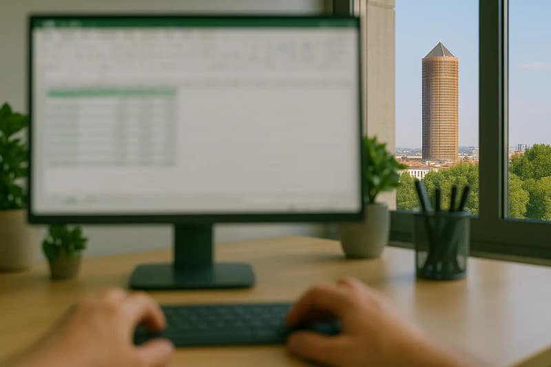 Vision floue de près avec écran d’ordinateur, Tour Part-Dieu nette en arrière-plan — symptôme d’hypermétropie.