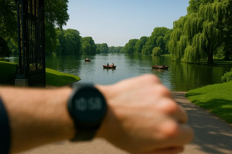 Vision floue de près causée par la presbytie – montre illisible au premier plan, paysage net en arrière-plan