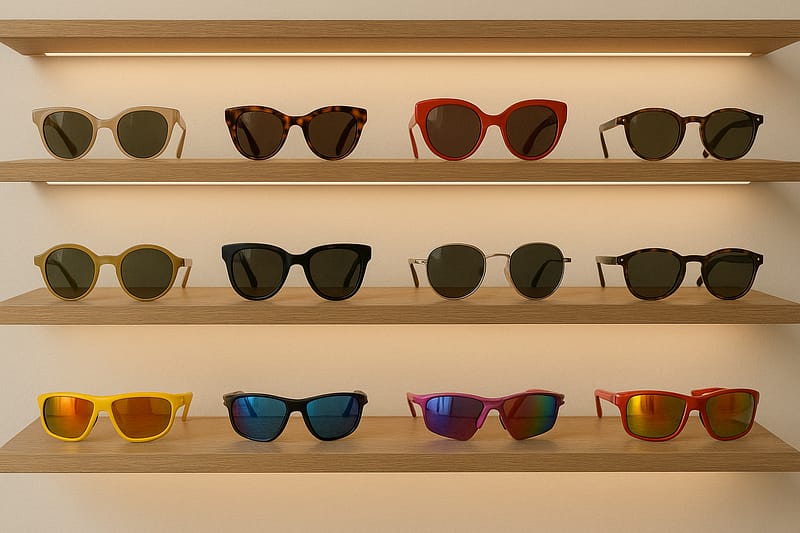 Etagère d'opticien design présentant une sélection de lunettes de soleil, avec des modèles classiques et des modèles de sport.