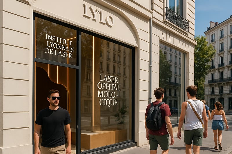 Jeune patient en lunettes noires sortant de l'Institut Lylo à Lyon après une chirurgie laser des yeux en été.