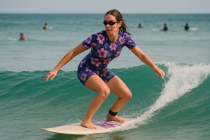 Jeune femme surfant sur une vague turquoise, portant des lunettes de natation
