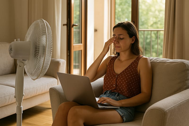 Jeune femme devant son ordinateur, gênée par ses yeux secs, assise sur un canapé avec ventilateur et fenêtres ouvertes par forte chaleur.