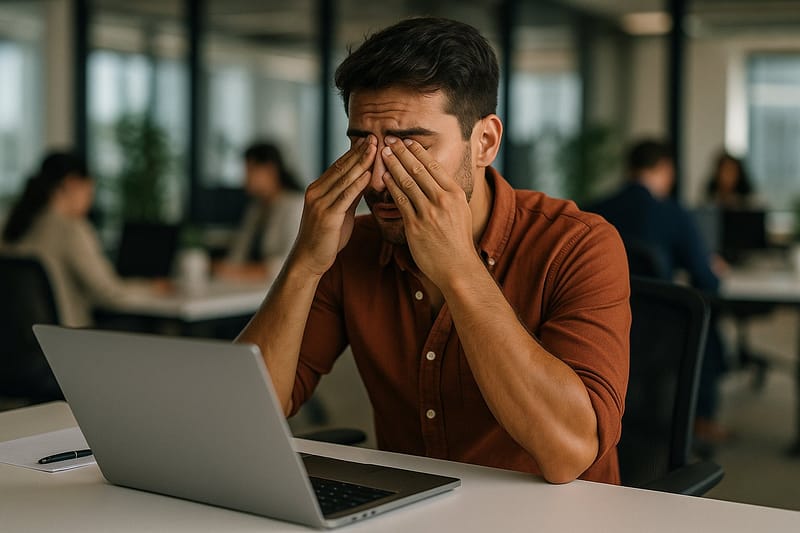 Jeune actif fatigué devant son ordinateur , se frottant les yeux à cause de la fatigue visuelle provoquée par les écrans