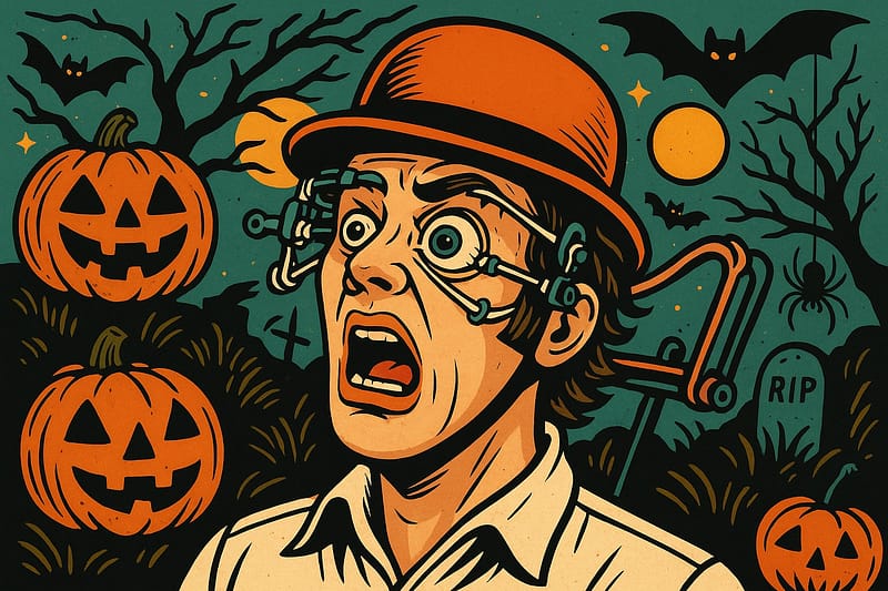 Illustration Halloween inspirée d'Orange Mécanique, représentant un patient avec des écarteurs oculaires dans un décor de citrouilles, évoquant la peur et la chirurgie des yeux de façon humoristique.
