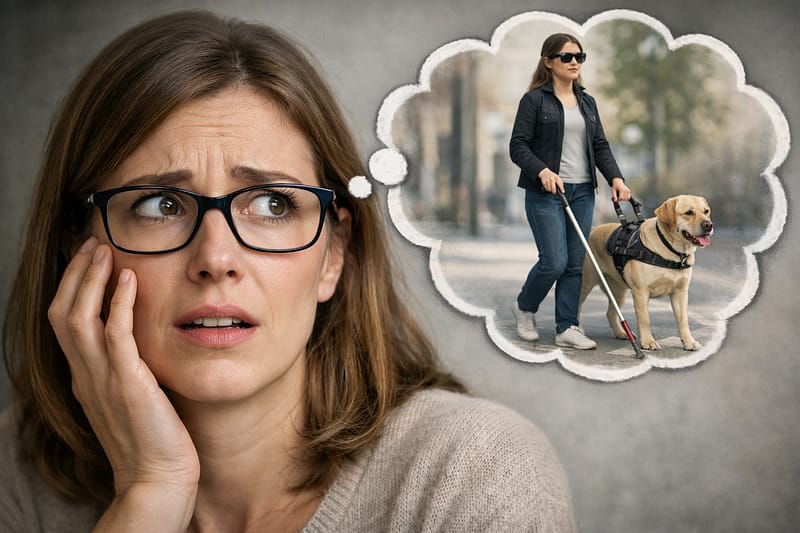 Feme d'une trentaine d'années portant des lunettes, l'air inquiet, imaginant devenir aveugle après une chirurgie laser des yeux.