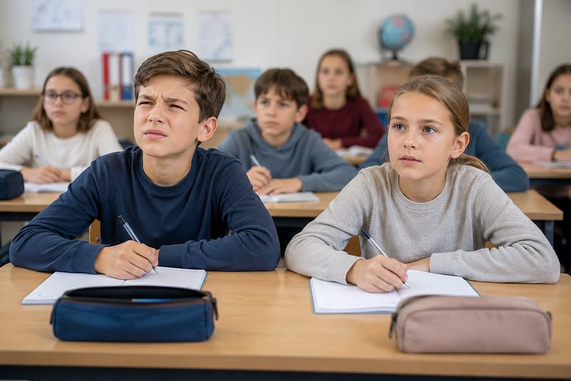 Enfant myope dans une salle de classe plissant les yeux pour voir au loin tandis que ses camarades regardent normalement vers le tableau.
