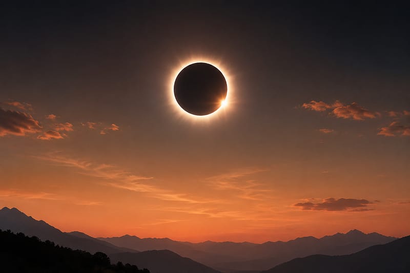 Eclipse solaire totale avec la Lune masquant le soleil et sa couronne lumineuse visible dans le ciel.