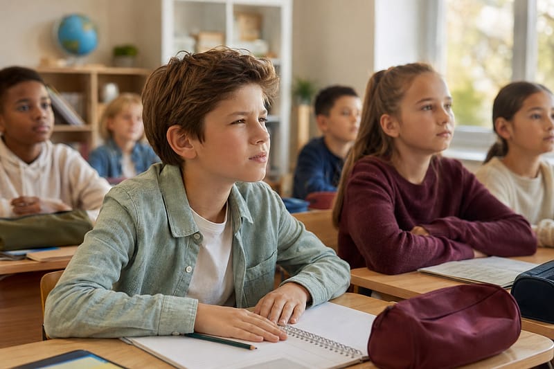 Enfant plissant les yeux pour voir le tableau en classe, signe possible de myopie