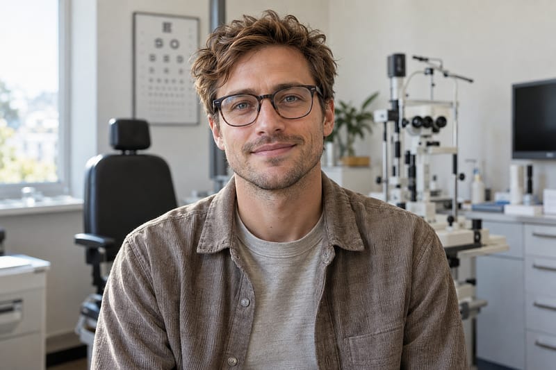 Texte alternatif : Jeune homme portant des lunettes, assis dans un cabinet d’ophtalmologie, avec un regard confiant.