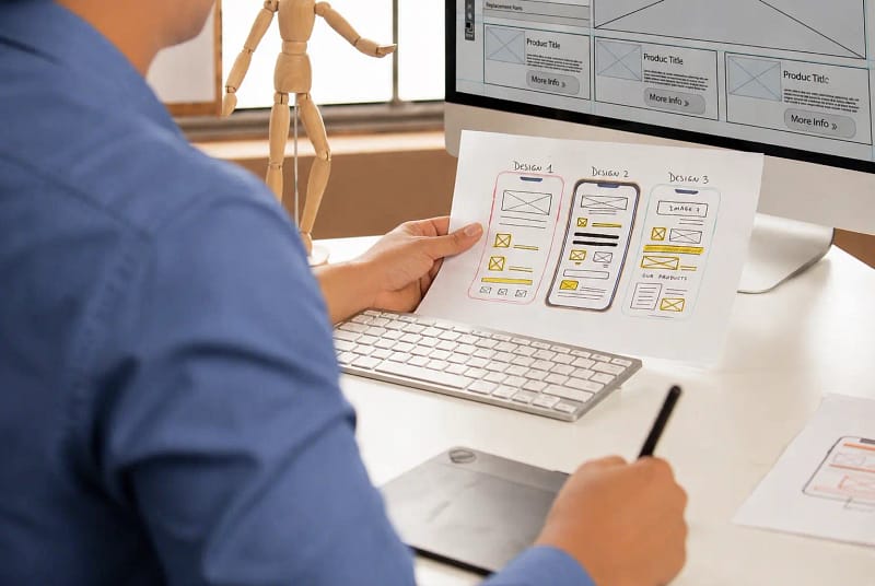 Maquettage d’un site WordPress sur ordinateur avec réflexion sur le parcours utilisateur